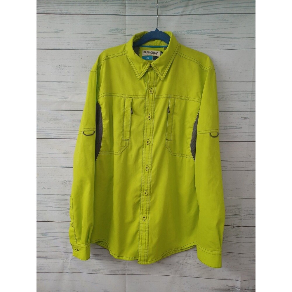 Magellan Fish Gear Shirt Youth Boys L Button Up Pockets Neon Green Long Sleeve